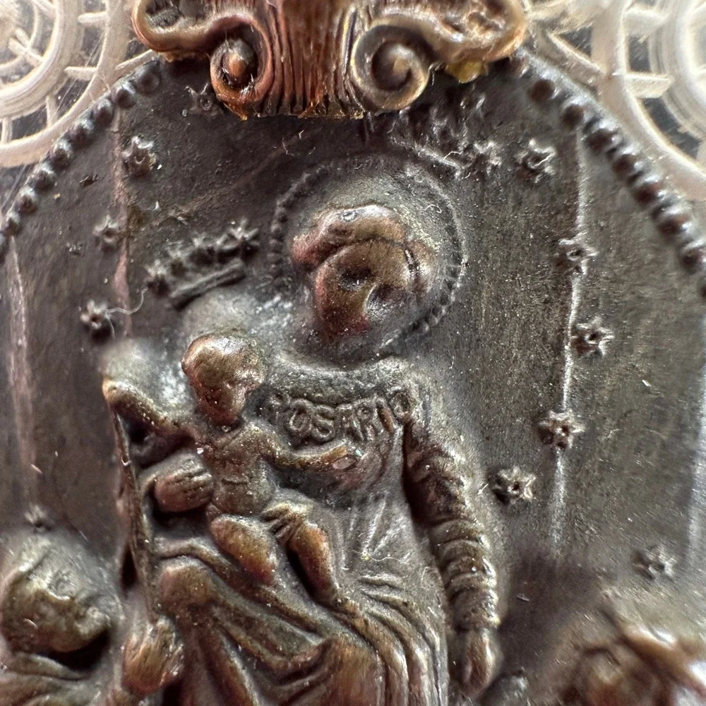 VTG 2 Handmade Religious Brooch/Necklace Ave‎ Maria Madonna Child Cross Filigree